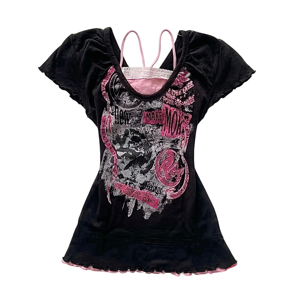 Graphic Tee Womens Small Black Pink Excellent Lace Up Grunge Y2K Top